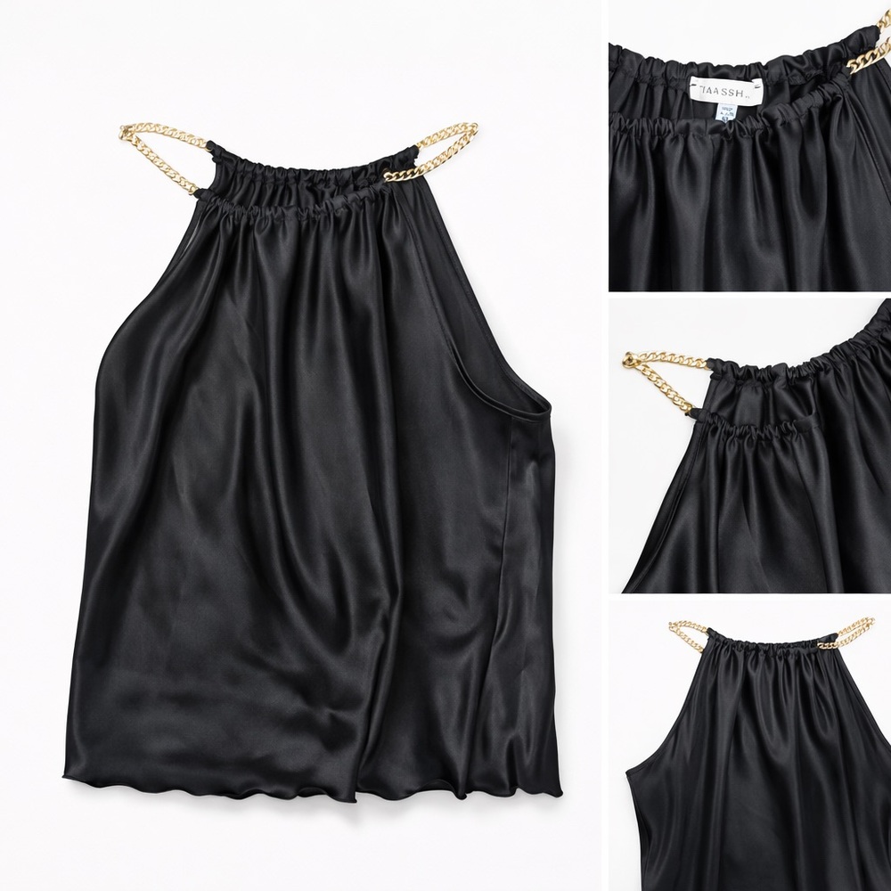REVOLVE Black Satin Camisole with Gold Chain Straps